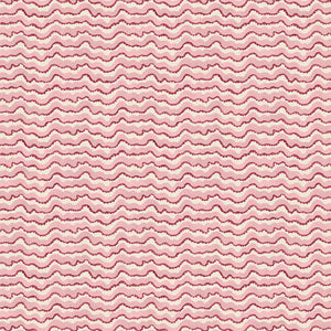 A printed linen fabric sample in  pink, red and off white featuring a sound wave pattern