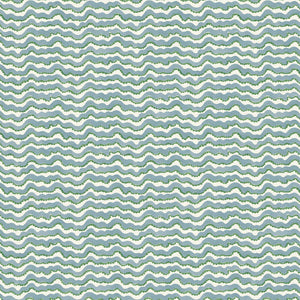 A printed linen fabric sample in blue, green and off white featuring a sound wave pattern