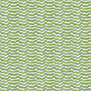 A printed linen fabric sample in blue, green and off white featuring a sound wave pattern