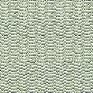 A printed linen fabric sample in green, black and off white featuring a sound wave pattern