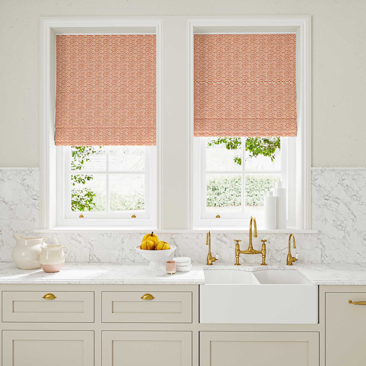 Blinds made from a printed linen fabric in red, blue and off white featuring a sound wave pattern
