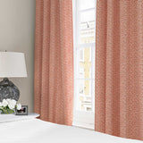 Curtains made from a printed linen fabric in red, blue and off white featuring a sound wave pattern