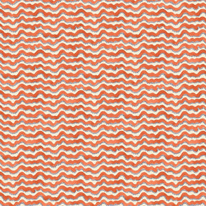 A printed linen fabric sample in red, blue and off white featuring a sound wave pattern