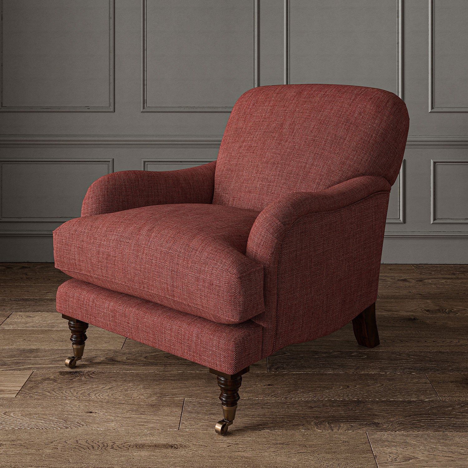 Red chair upholstered in a chenille woven fabric.