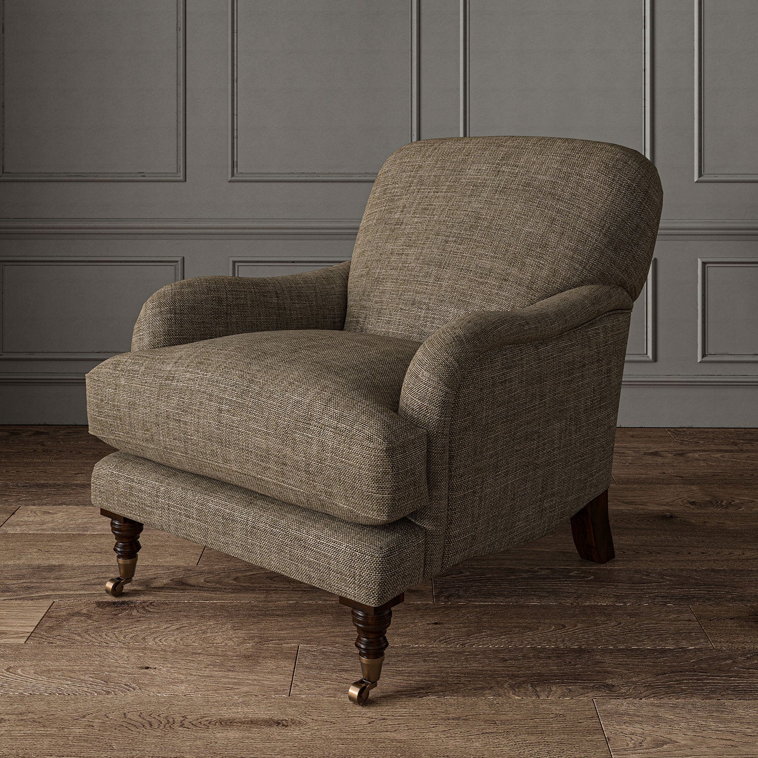 Brown chair upholstered in a chenille woven fabric.