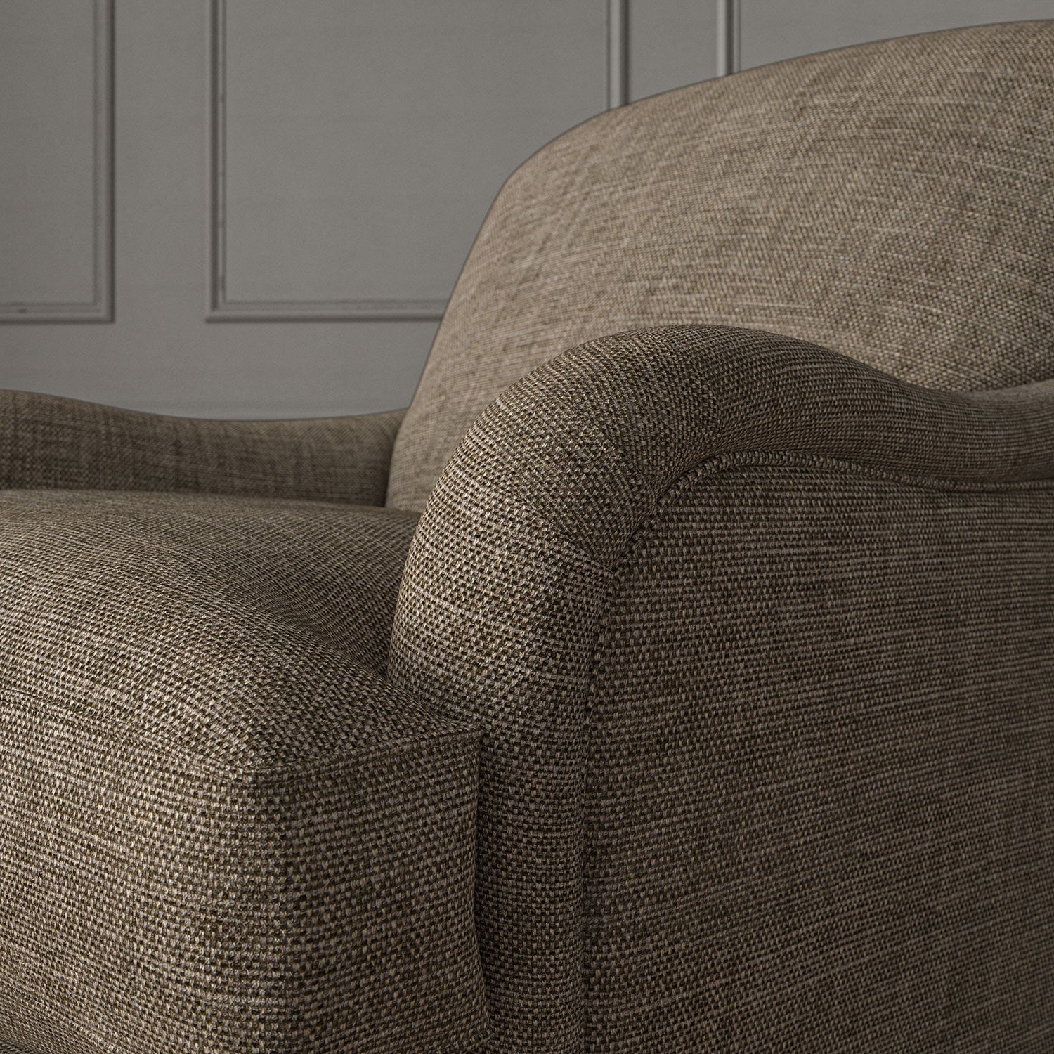 Brown chair upholstered in a chenille woven fabric.