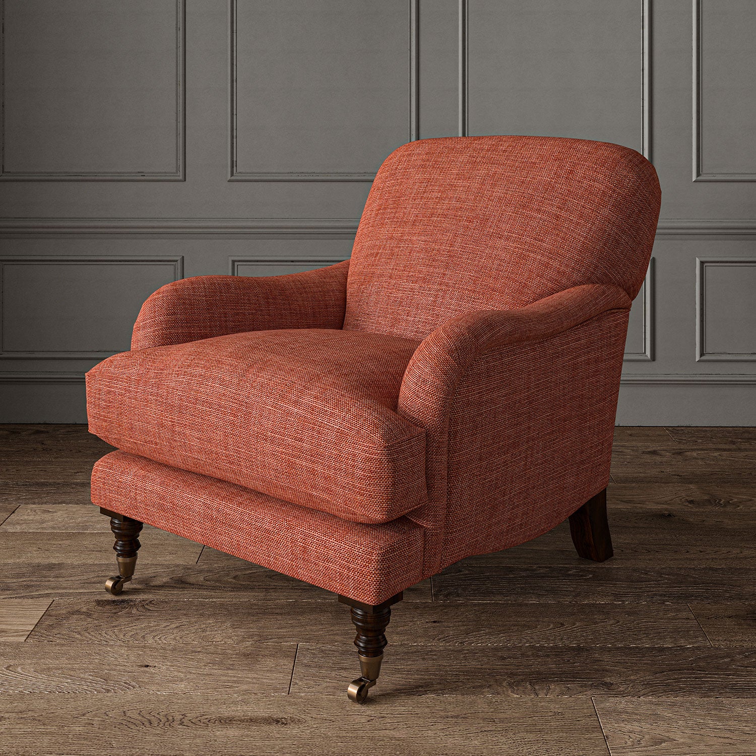 Red chair upholstered in a chenille woven fabric.