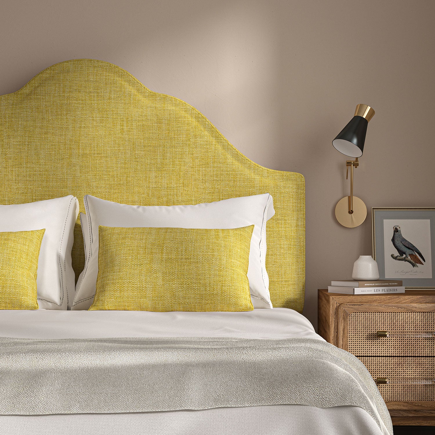 Yellow headboard upholstered in a chenille woven fabric.