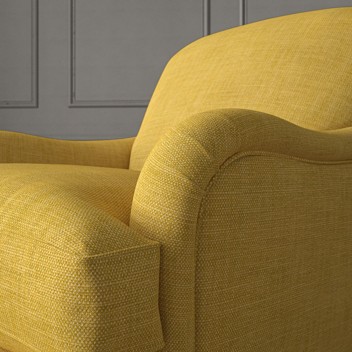 Yellow chair upholstered in a chenille woven fabric.