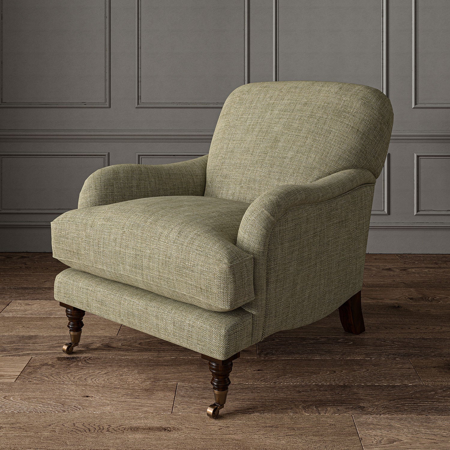 Brown chair upholstered in a chenille woven fabric.