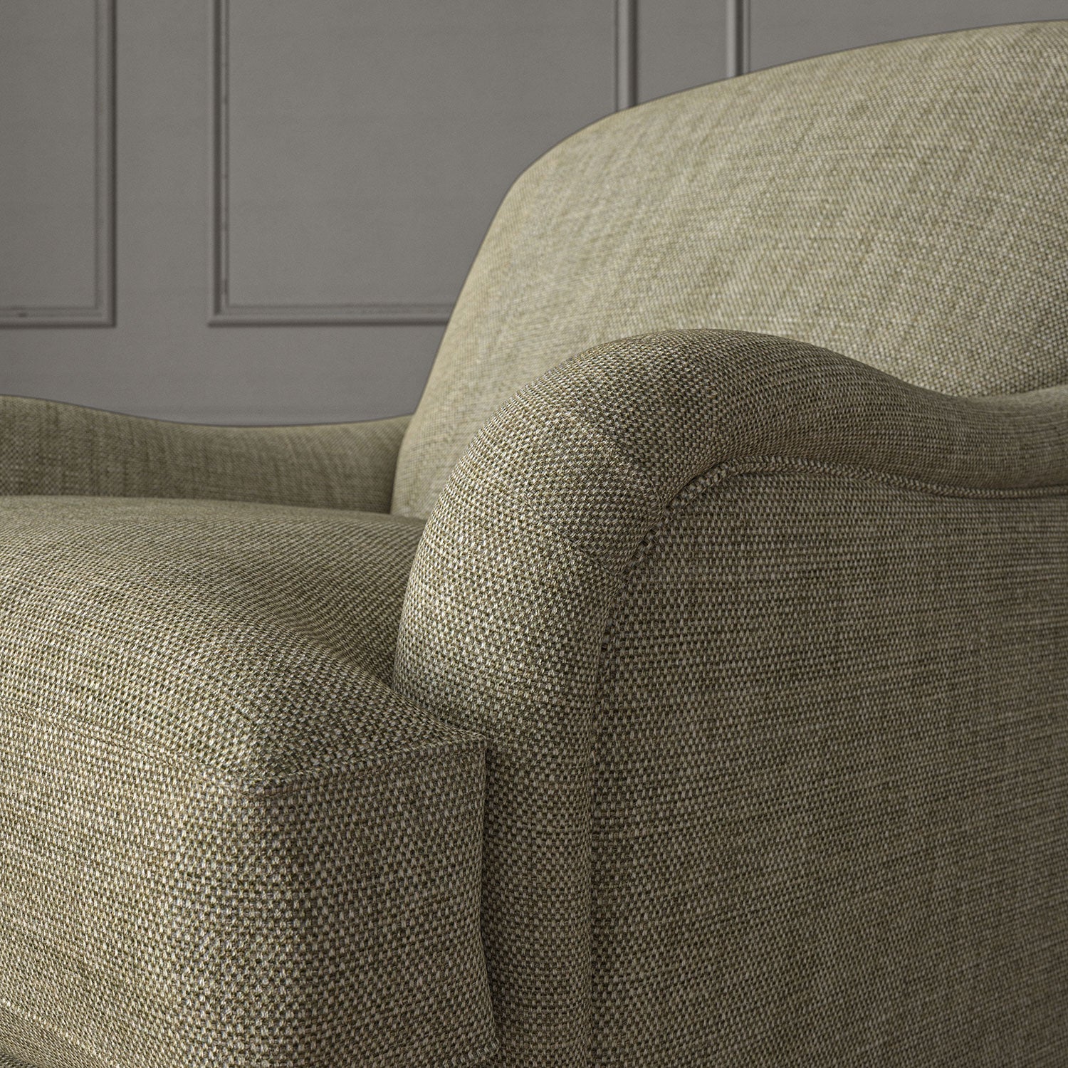 Brown chair upholstered in a chenille woven fabric.