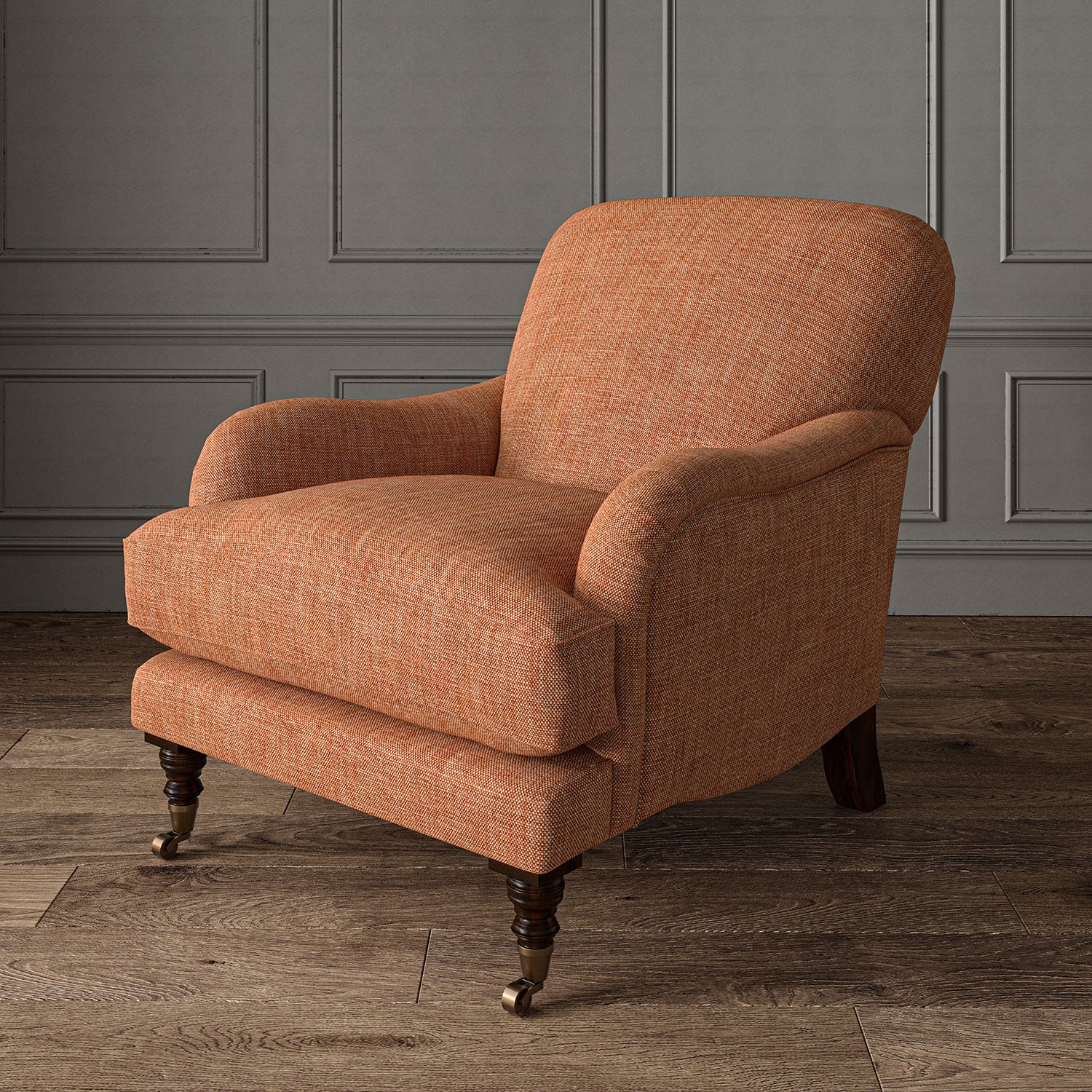 Orange chair upholstered in a chenille woven fabric.