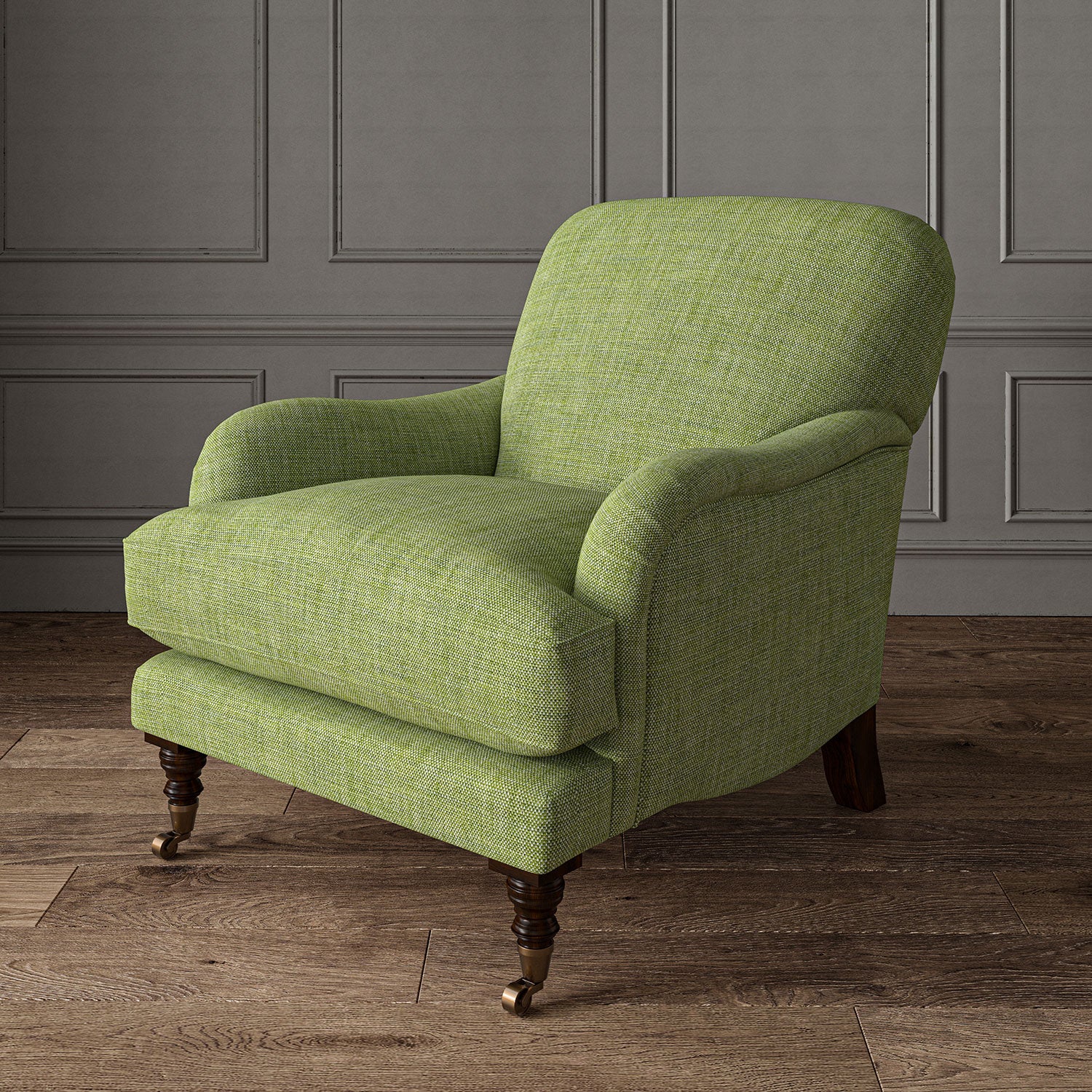 Green chair upholstered in a chenille woven fabric.