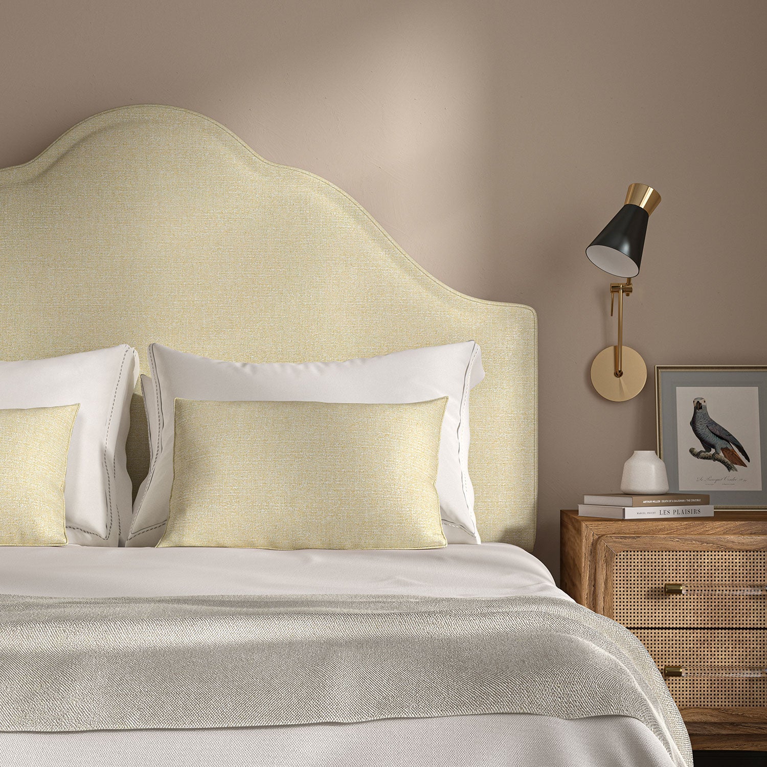 Woven cream coloured fabric on a headboard
