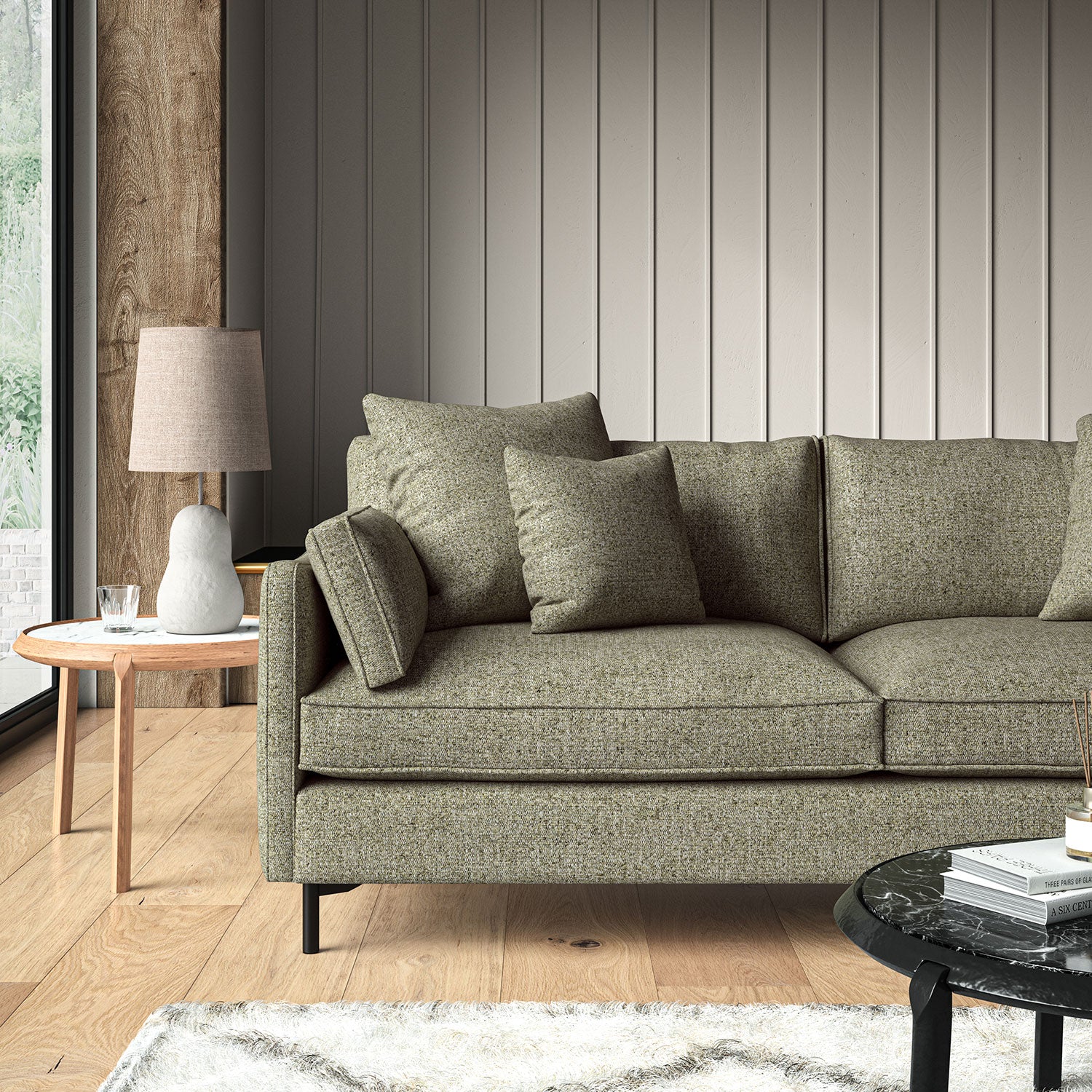 Woven neutral coloured fabric on a sofa