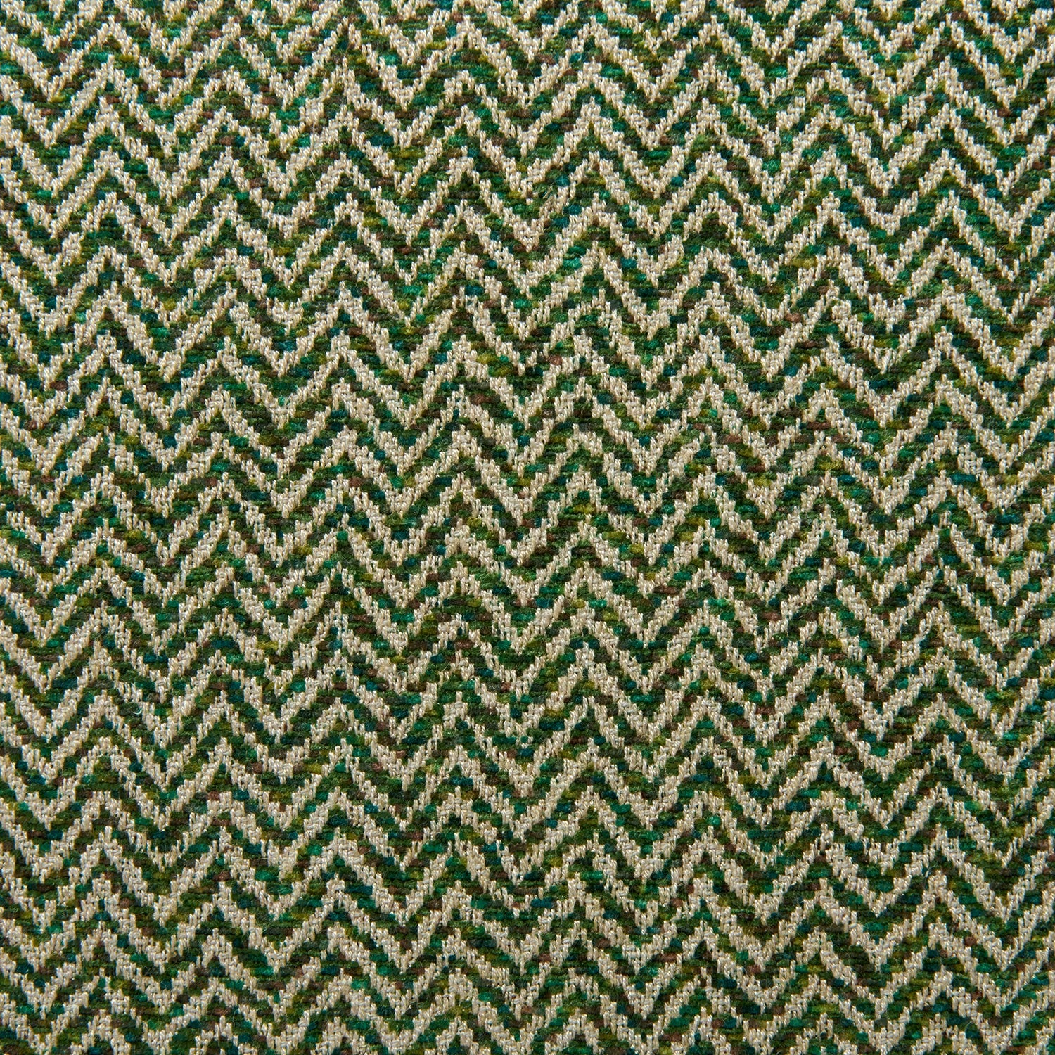 A woven fabric sample in green and off-white featuring a herringbone pattern.