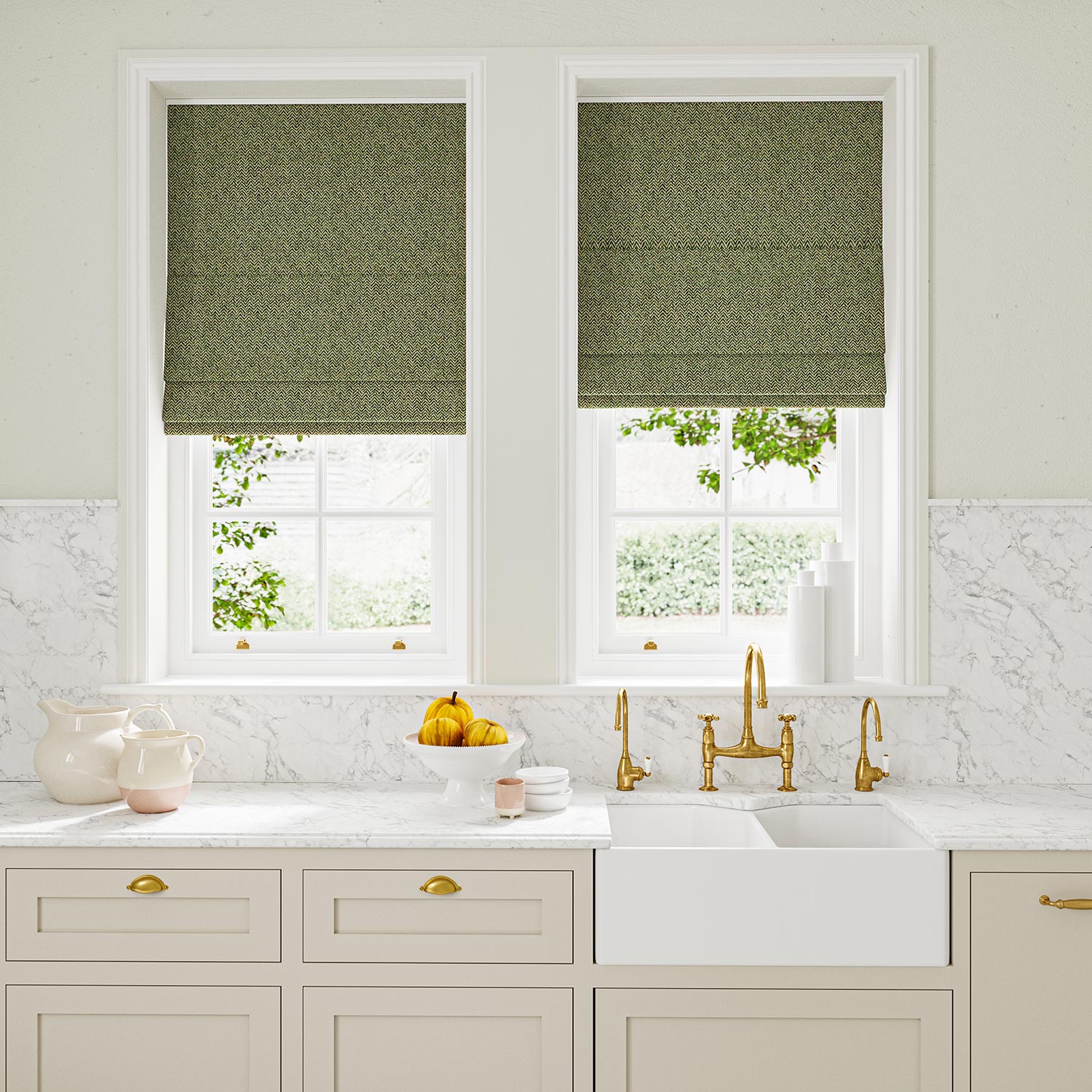 Blinds in green and off-white woven fabric featuring a herringbone pattern.