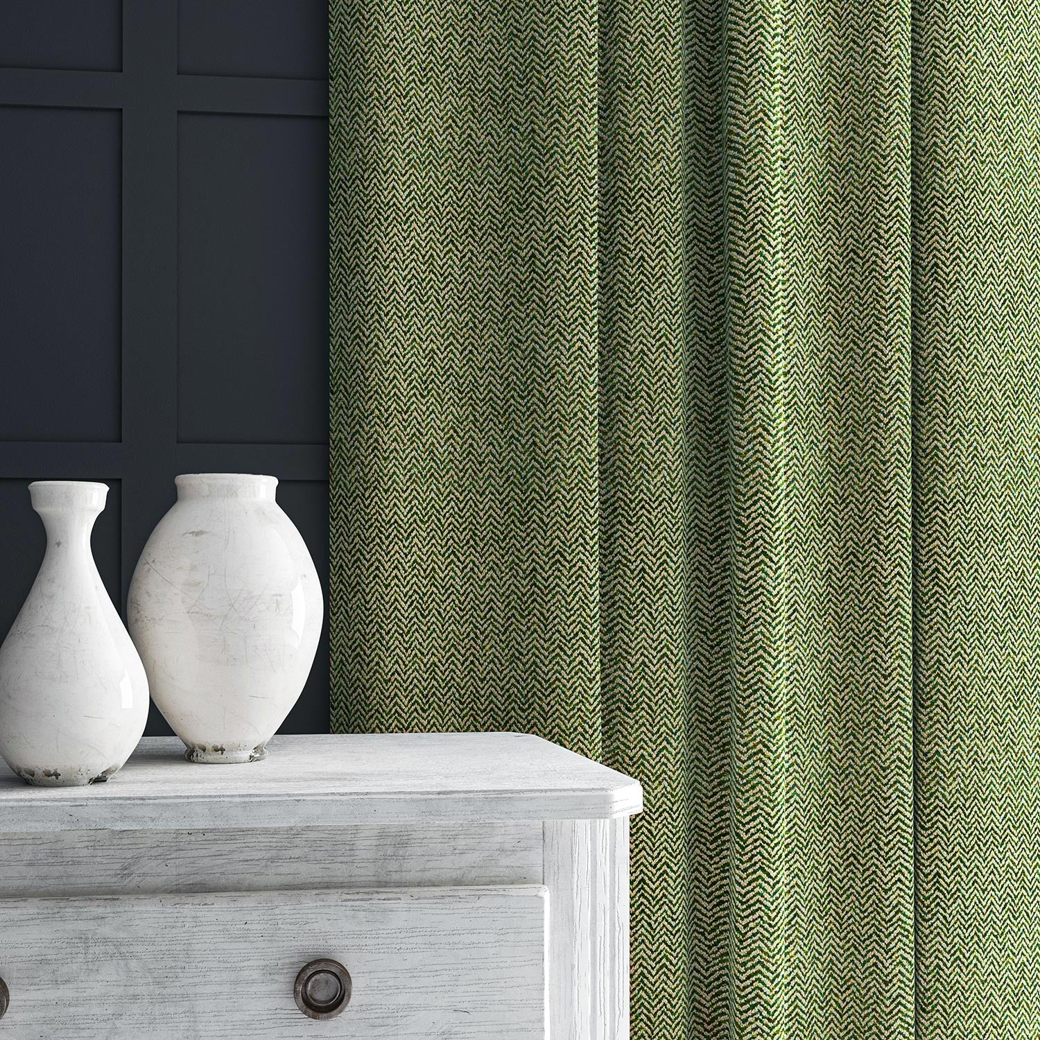Curtain in green and off-white woven fabric featuring a herringbone pattern.