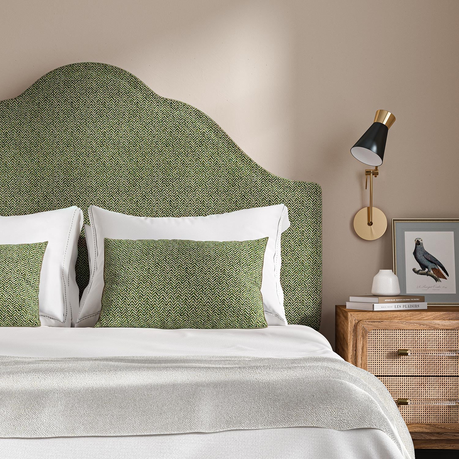 Headboard upholstered in a green and off-white woven fabric featuring a herringbone pattern.