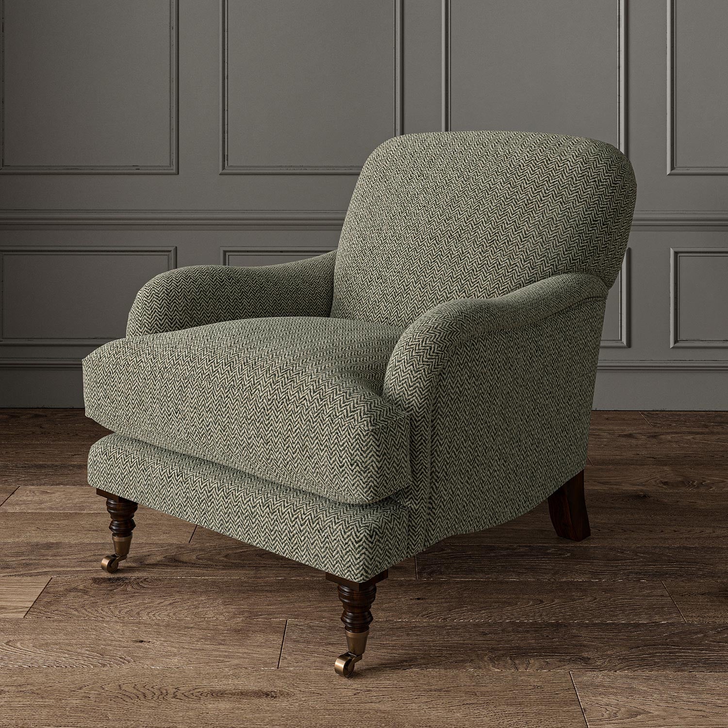 Chair upholstered in a grey and off-white woven fabric featuring a herringbone pattern.
