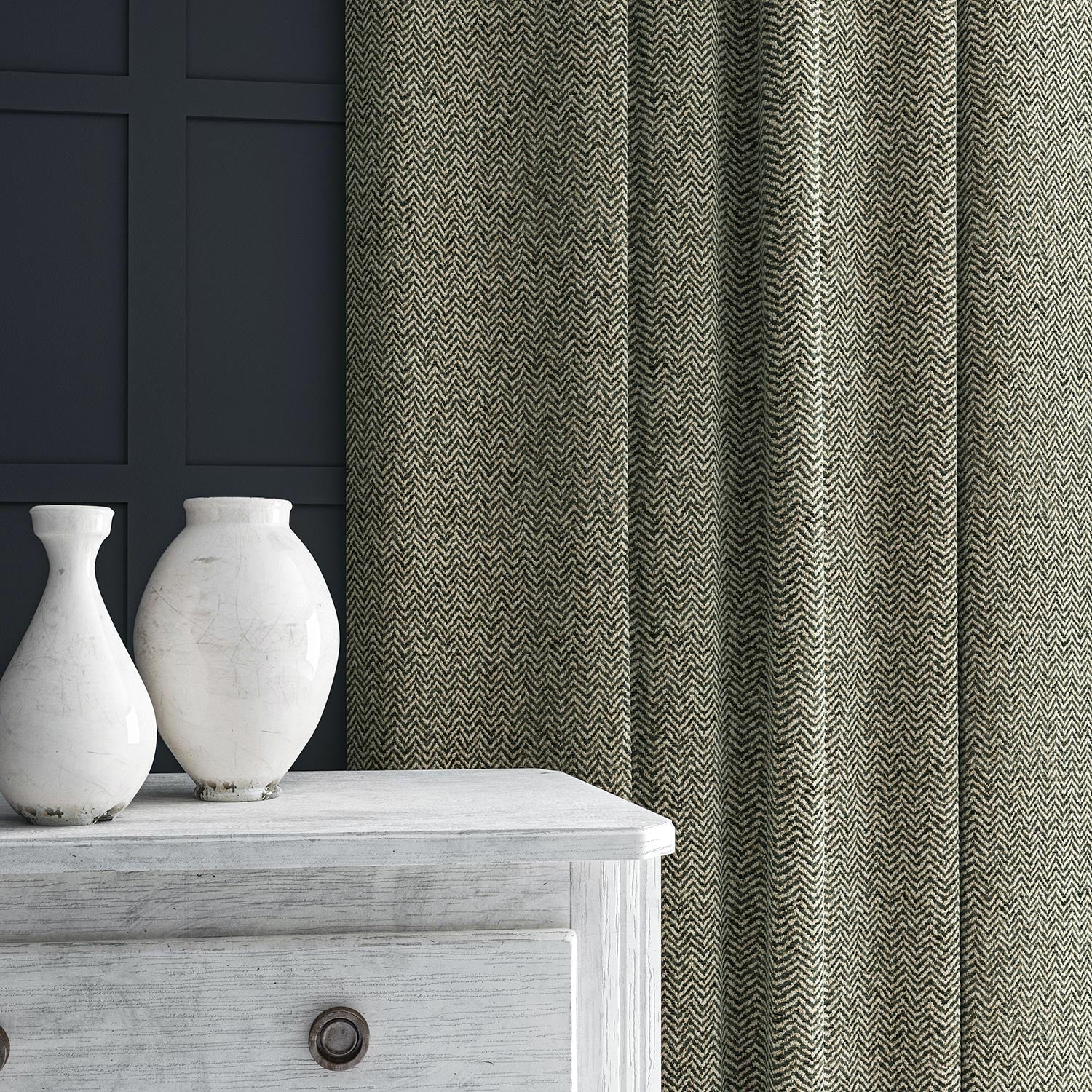Curtain in grey and off-white woven fabric featuring a herringbone pattern.