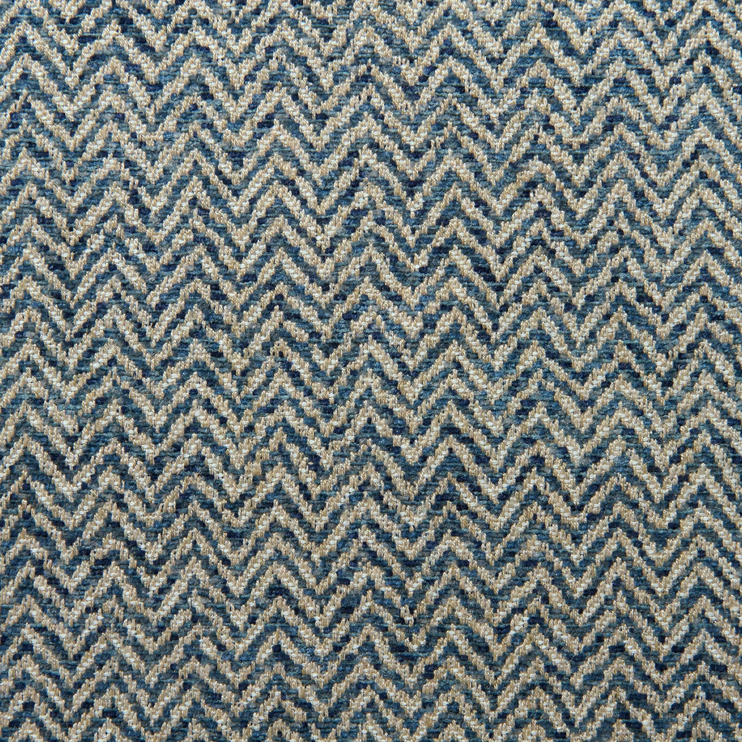 A woven fabric sample in blue and off-white featuring a herringbone pattern.