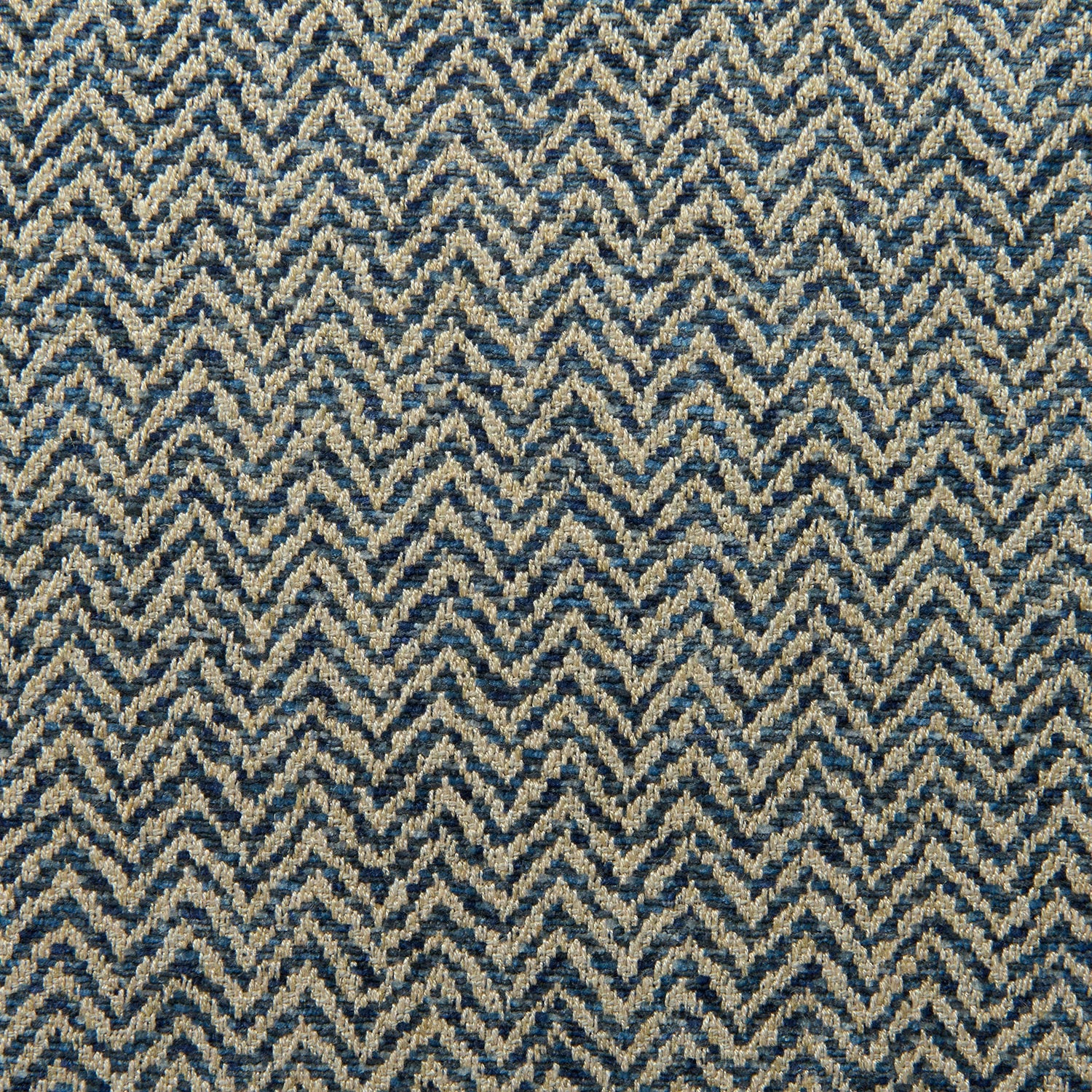 A woven fabric sample in blue and off-white featuring a herringbone pattern.