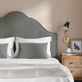 Headboard upholstered in a blue and off-white woven fabric featuring a herringbone pattern.