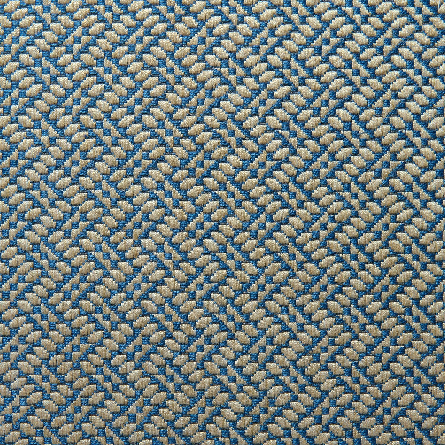 A woven fabric sample in blue and off-white featuring a trellis pattern.