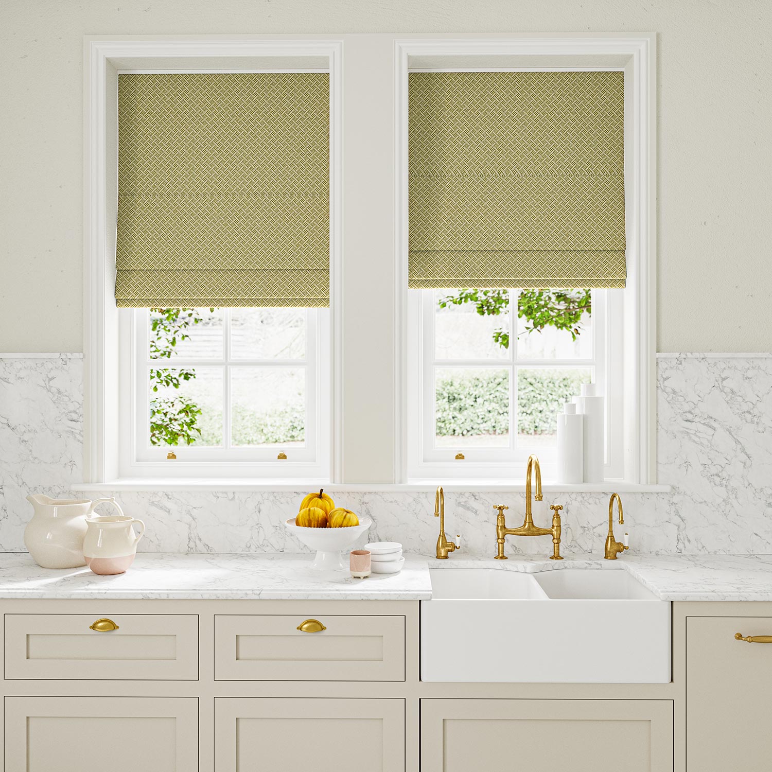 Blinds in yellow and off-white woven fabric featuring a trellis pattern.