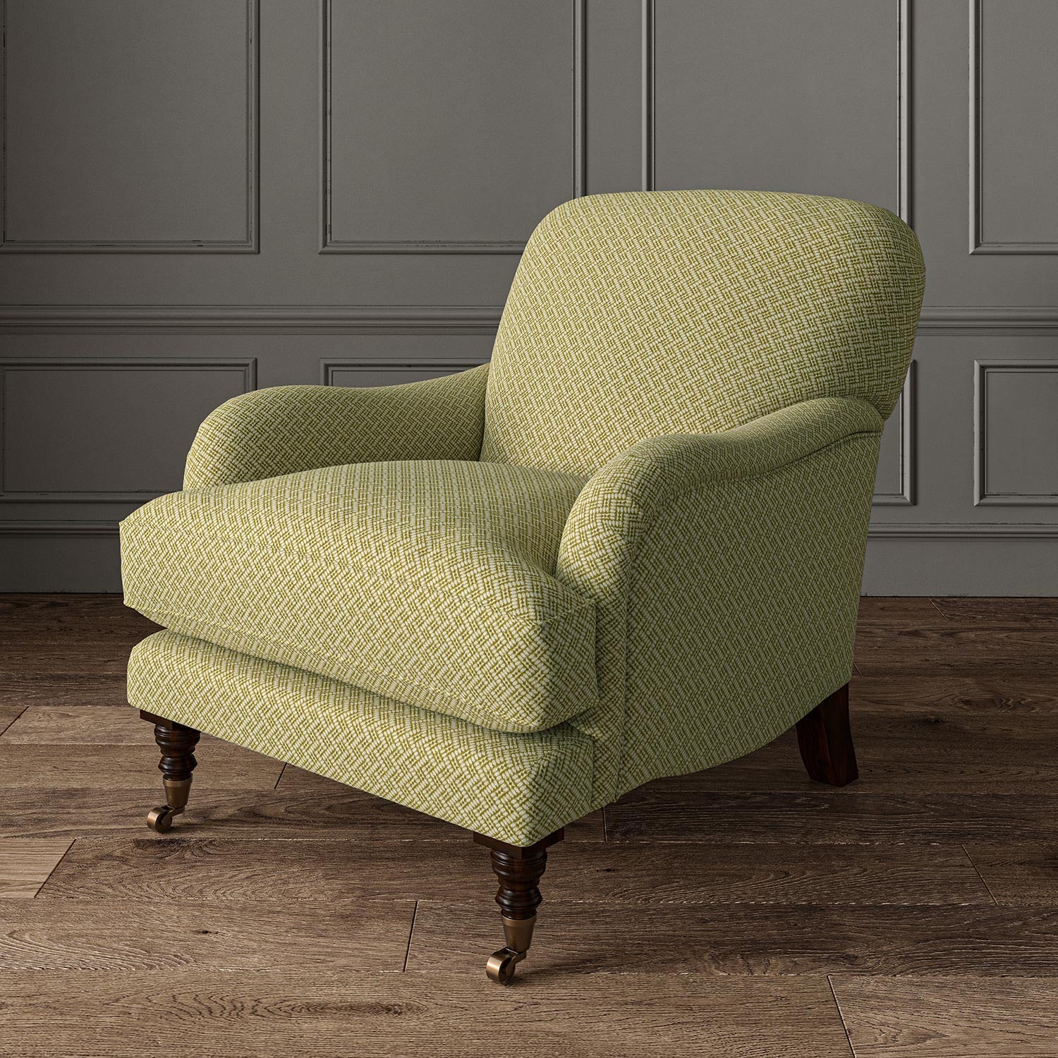 Chair upholstered in a yellow and off-white woven fabric featuring a trellis pattern.
