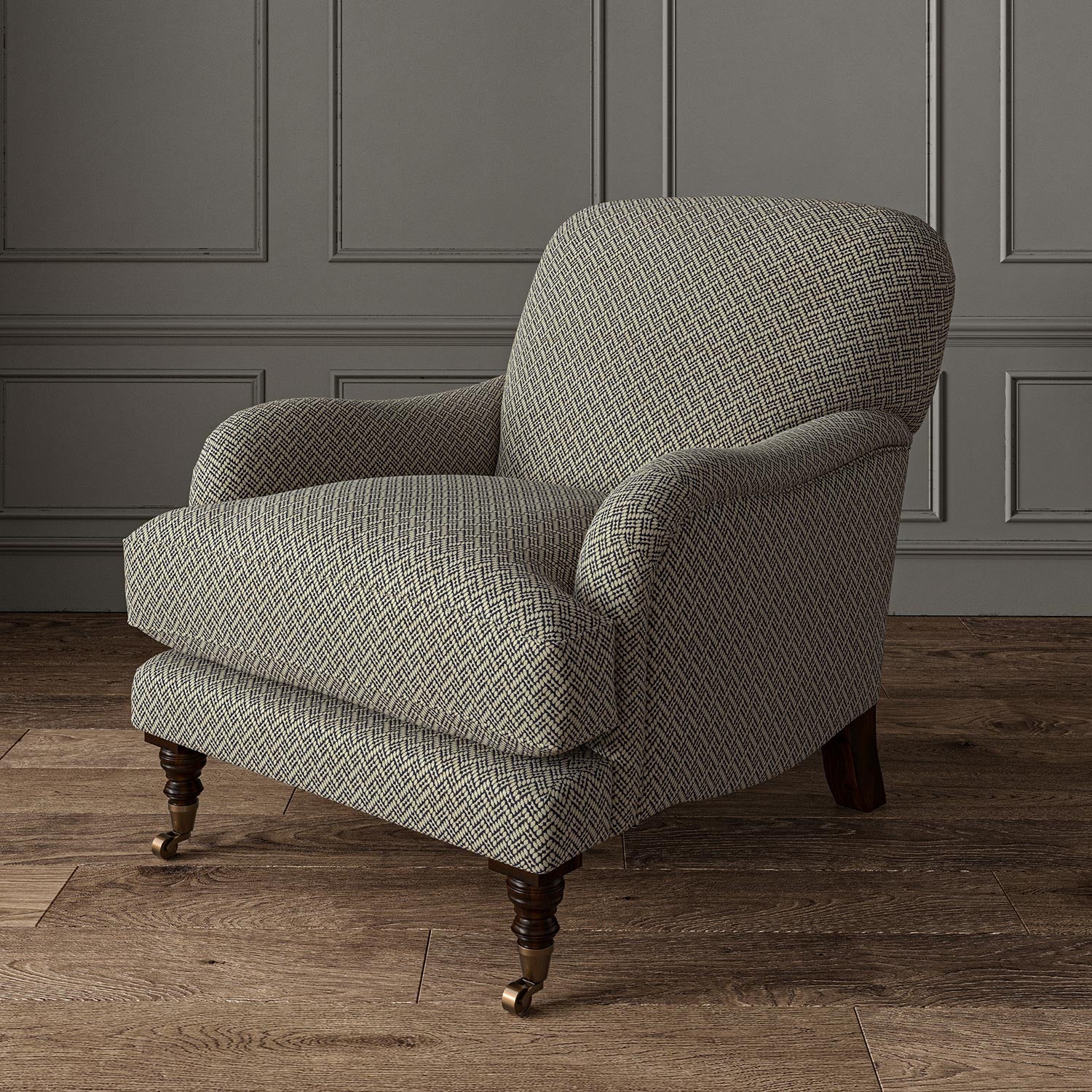 Chair upholstered in a blue and off-white woven fabric featuring a trellis pattern.