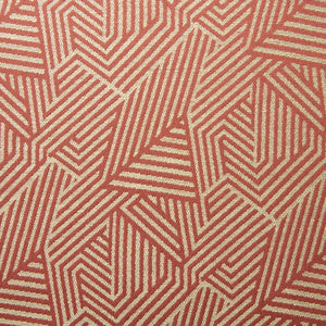 A woven fabric sample in red and off-white featuring a geometric pattern.