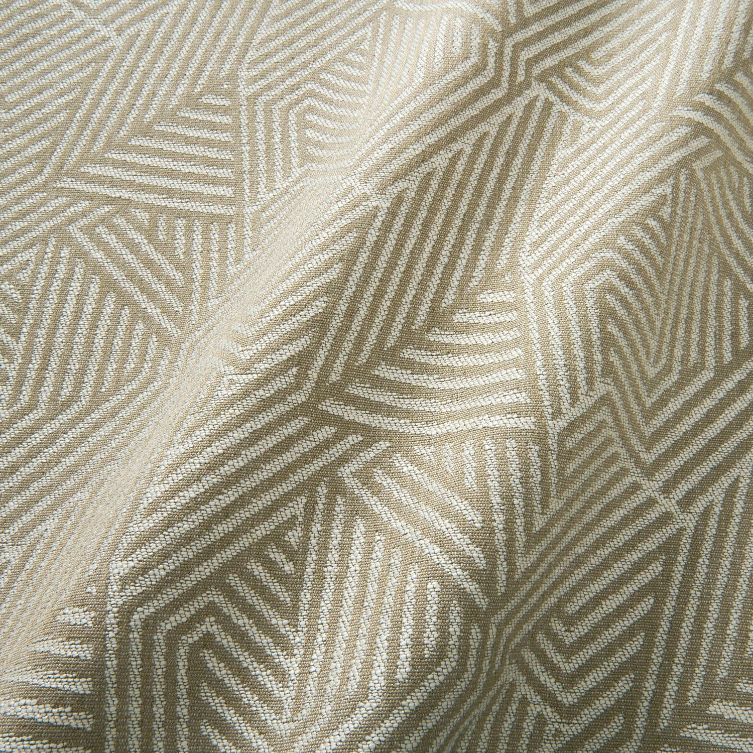 A woven fabric sample in beige and off-white featuring a geometric pattern.