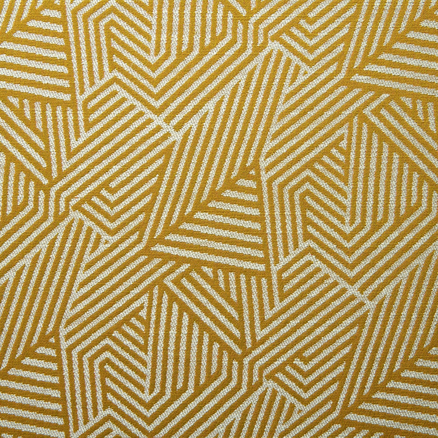 A woven fabric sample in yellow and off-white featuring a geometric pattern.