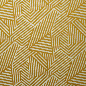 A woven fabric sample in yellow and off-white featuring a geometric pattern.