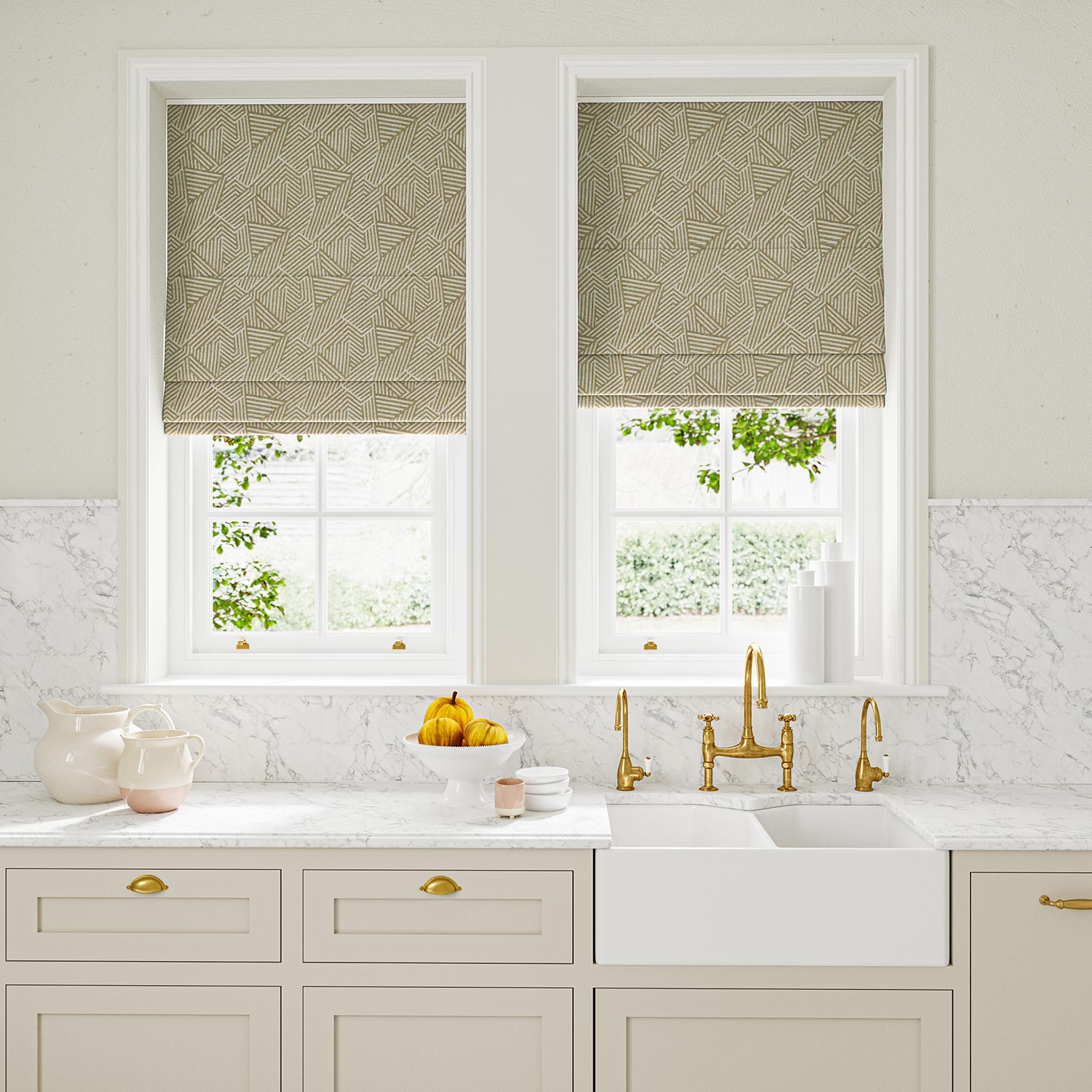 Blinds in beige and off-white woven fabric featuring a geometric pattern.