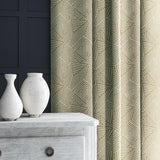 Curtain in beige and off-white woven fabric featuring a geometric pattern.