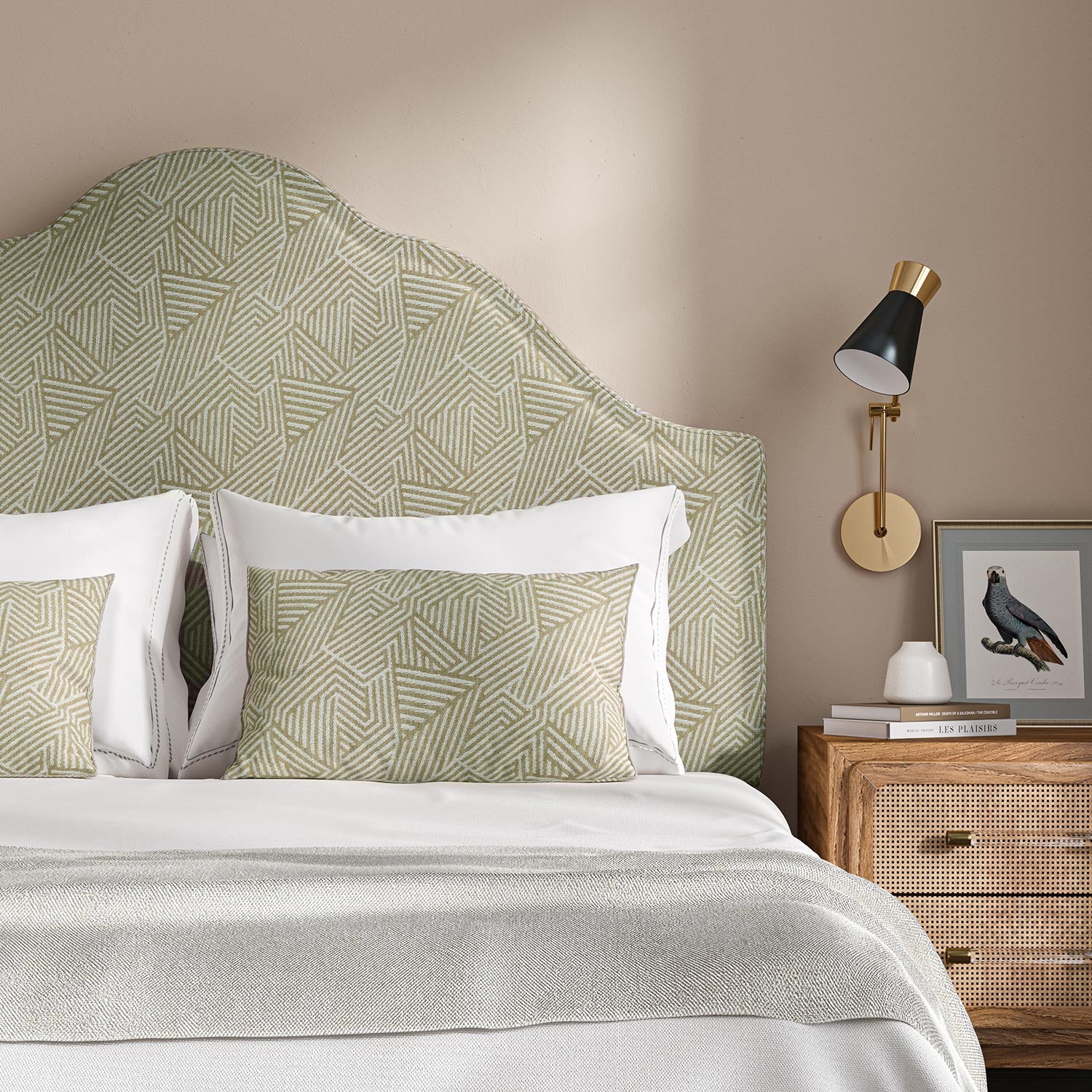 Headboard upholstered in a beige and off-white woven fabric featuring a geometric pattern.