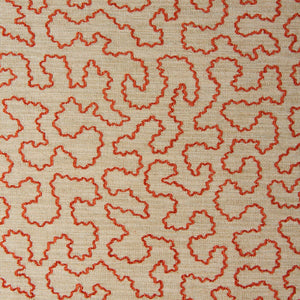 A woven fabric sample in red and beige featuring a wavy pattern.