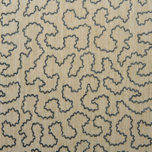 A woven fabric sample in blue and beige featuring a wavy pattern.