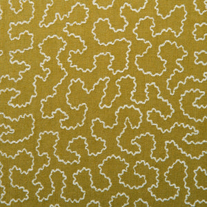 A woven fabric sample in yellow and white featuring a wavy pattern.