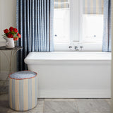 Linen curtains with a damask-style pattern in blue and cream