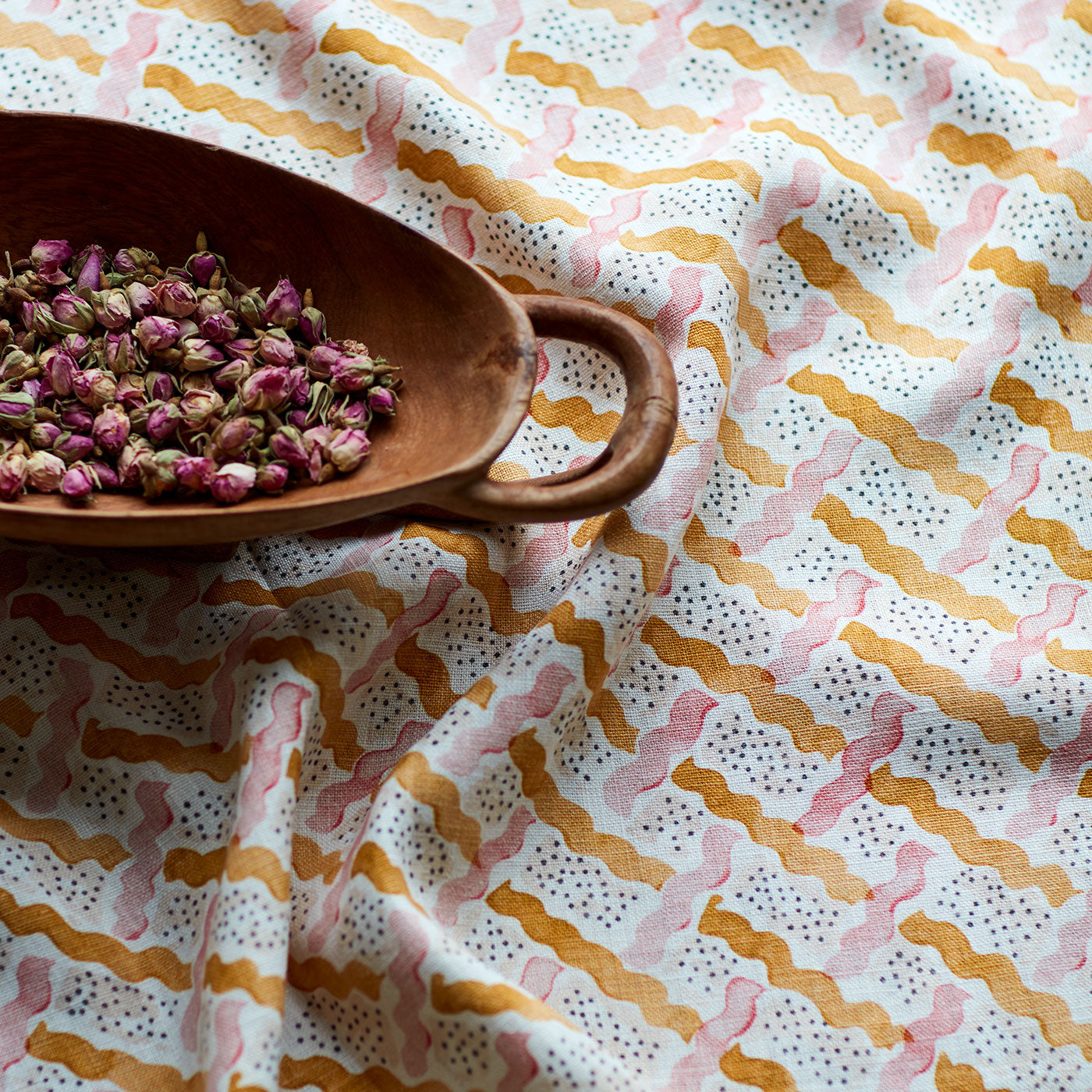 Printed linen fabric - a contemporary lattice design in yellow, pink, cream and white 