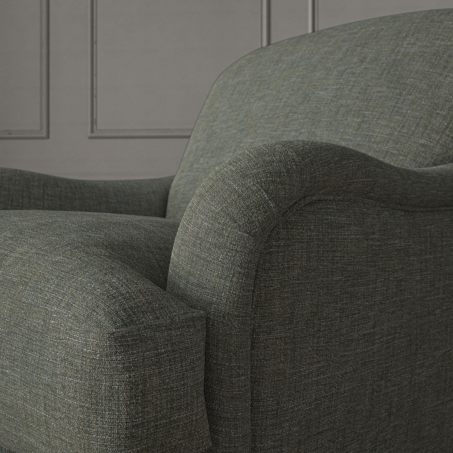 Grey chair upholstered in a versatile woven fabric.