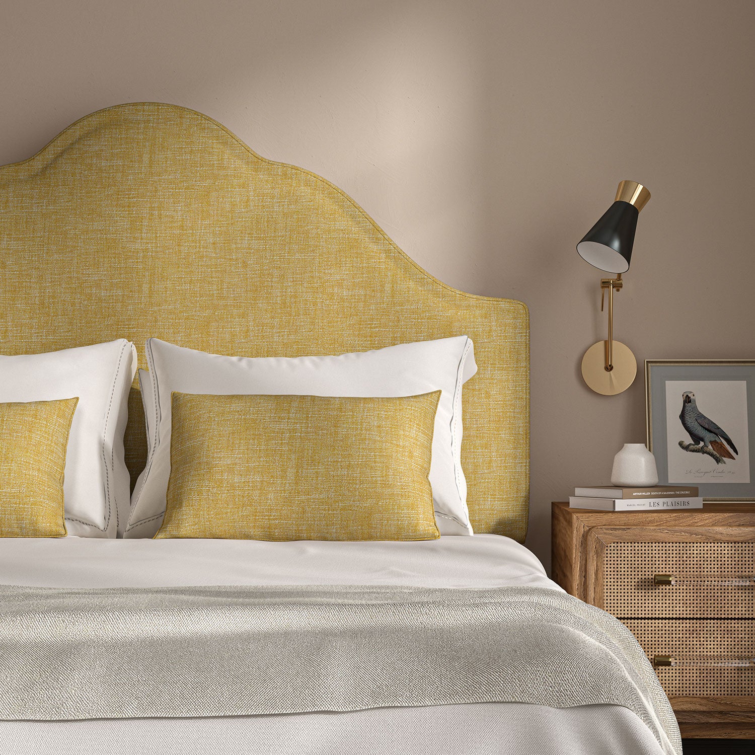 Yellow headboard upholstered in a versatile woven fabric.