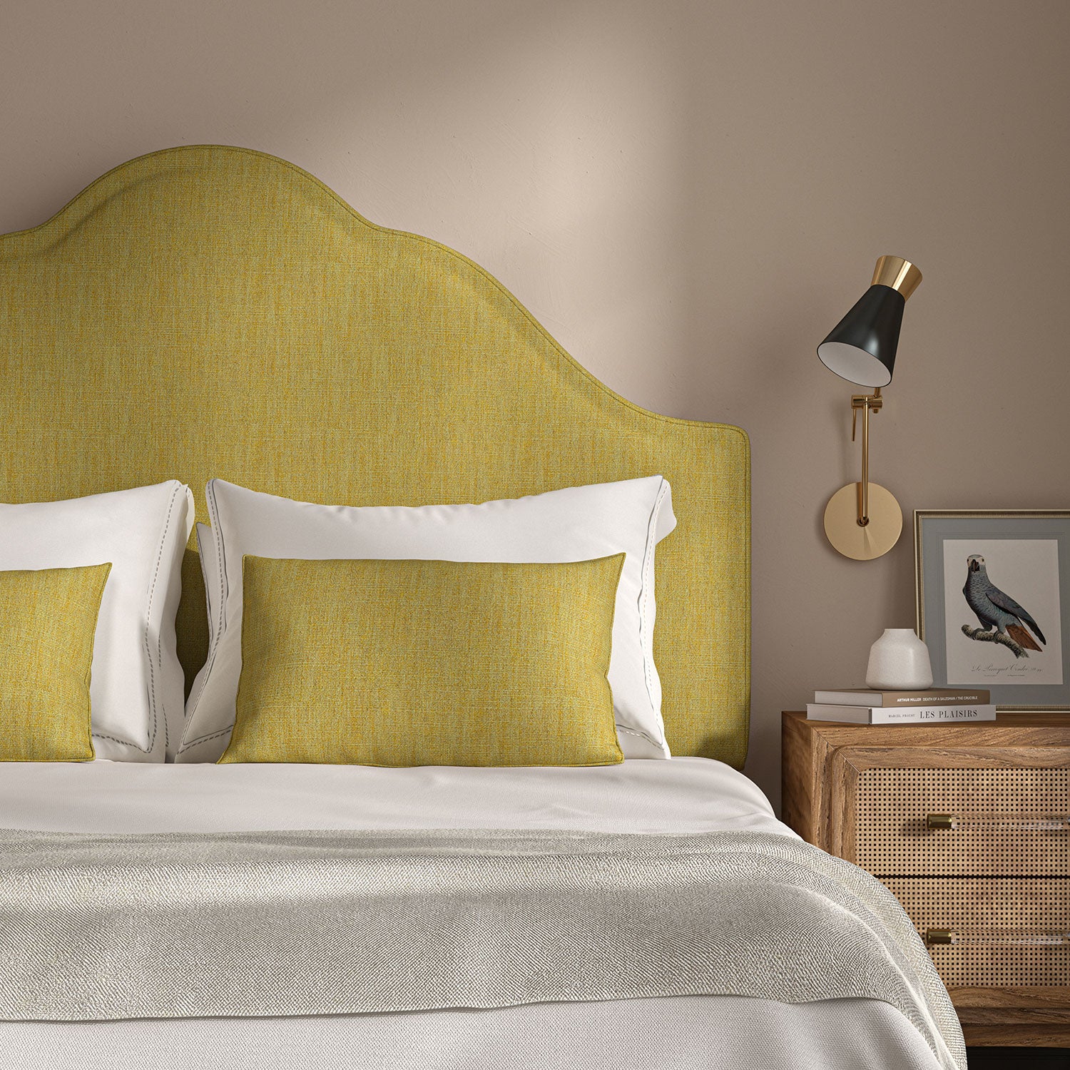 Yellow headboard upholstered in a versatile woven fabric.