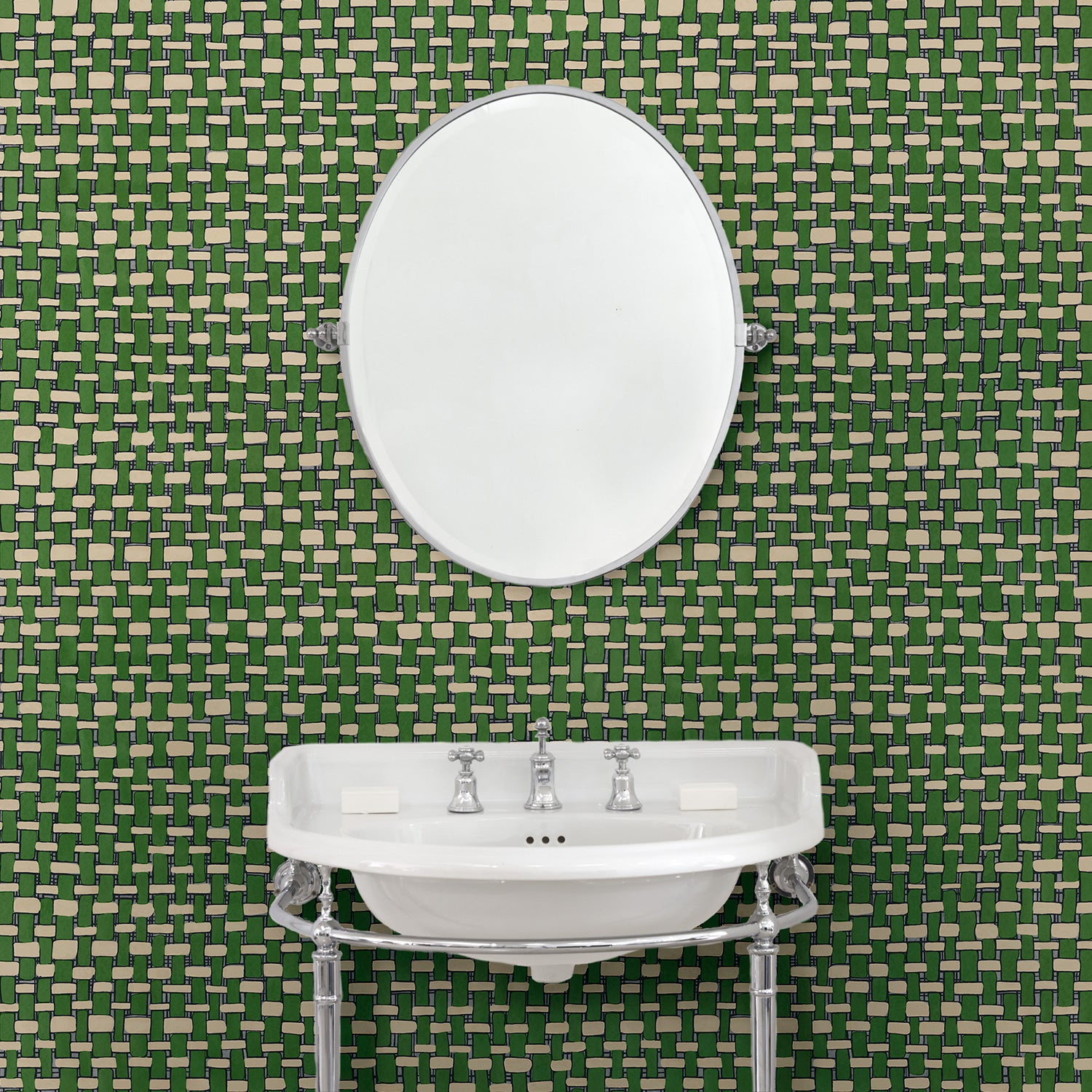 Cloakroom featuring green wallpaper with faux basketweave pattern