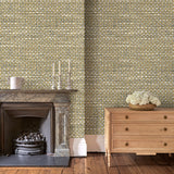 Sitting room with neutral wallpaper with faux basketweave pattern