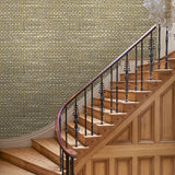 Hall with neutral wallpaper with faux basketweave pattern